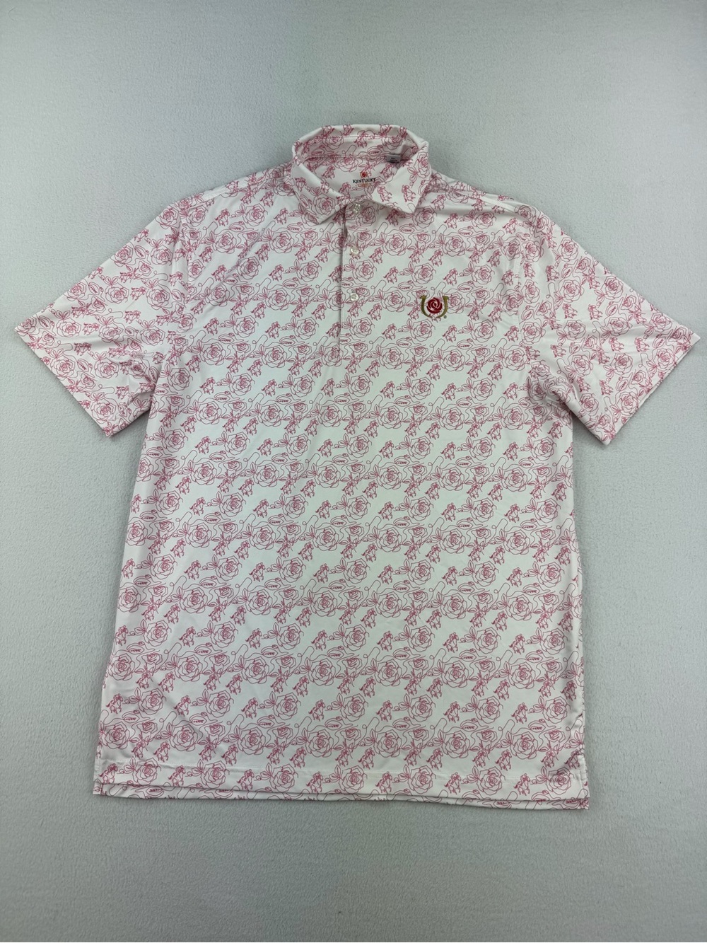 Full Turn Pink Kentucky Derby Hand Drawn Horse Performance Polo Shirt Men Size M